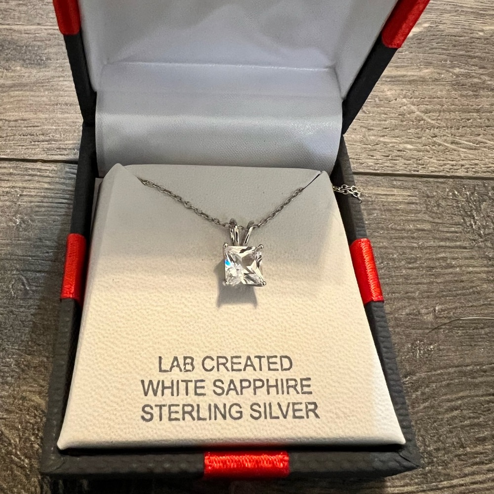 Lab Created White Sapphire Sterling Silver Pendant W/ 18" Chain NWT